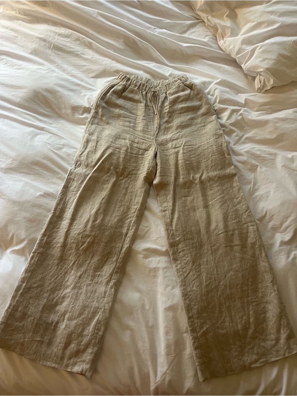 DISSH Gina Natural Linen Relaxed Wide-Leg Drawstring Pants in Beige - Picture 2 of 3